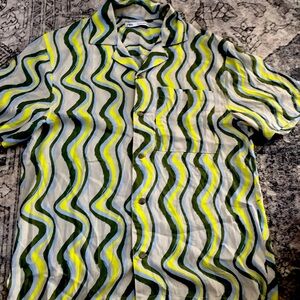 Zara Abstract Print Shirt Mens L Camp Style S/S Button Up Linen Viscose Blend
